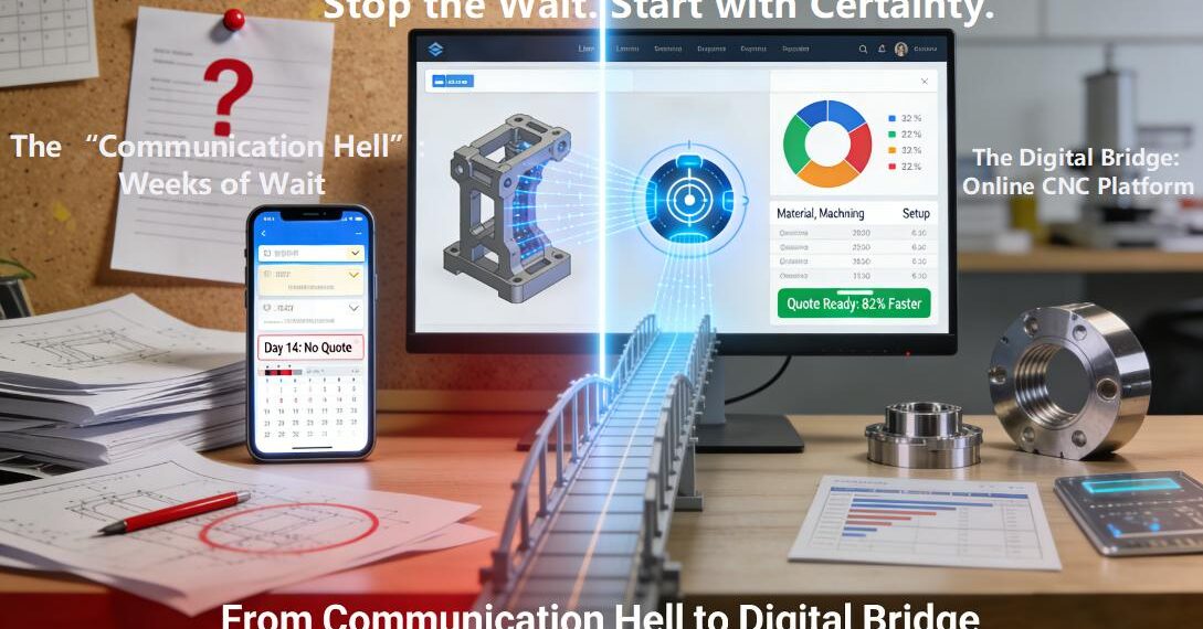 A split workspace visualizes the transformation from traditional manufacturing RFQ chaos (paper drawings, email backlog, vague quotes) to a modern online CNC platform where a 3D model is algorithmically translated into a transparent cost breakdown and an 80% faster quote, next to a delivered part.