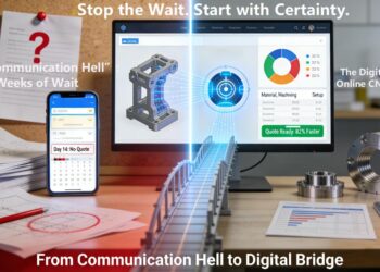 A split workspace visualizes the transformation from traditional manufacturing RFQ chaos (paper drawings, email backlog, vague quotes) to a modern online CNC platform where a 3D model is algorithmically translated into a transparent cost breakdown and an 80% faster quote, next to a delivered part.