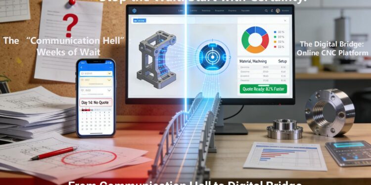 A split workspace visualizes the transformation from traditional manufacturing RFQ chaos (paper drawings, email backlog, vague quotes) to a modern online CNC platform where a 3D model is algorithmically translated into a transparent cost breakdown and an 80% faster quote, next to a delivered part.