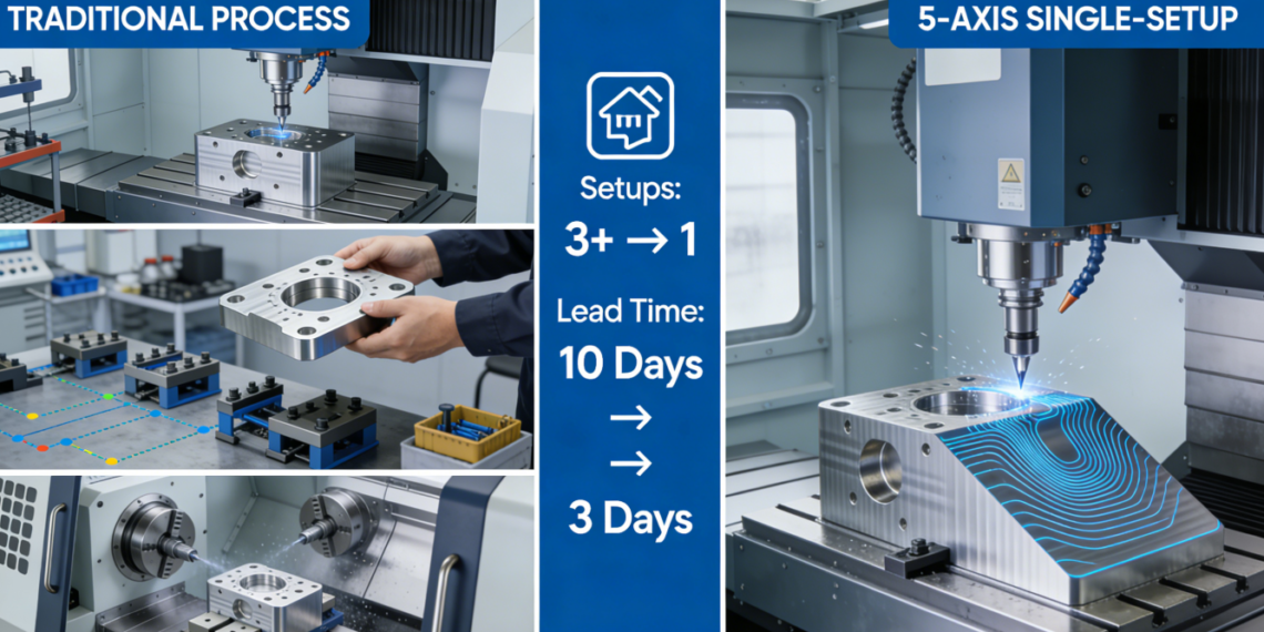 Diagram comparing traditional multi-step machining with multiple setups to modern 5-axis CNC machining in a single setup, highlighting reduced fixtures, eliminated errors, and faster lead times by JS Precision.