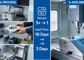 Diagram comparing traditional multi-step machining with multiple setups to modern 5-axis CNC machining in a single setup, highlighting reduced fixtures, eliminated errors, and faster lead times by JS Precision.